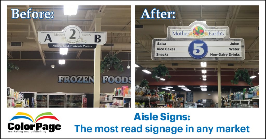 Before and after of the new and old aisle signs for Mother Earths Storehouse in Kingston New York